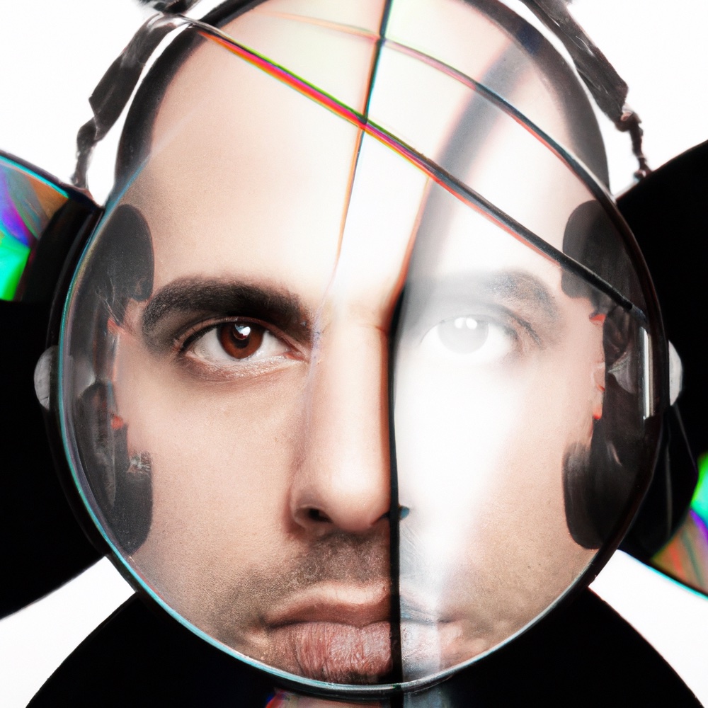 Man wearing headphones looking through circular glass