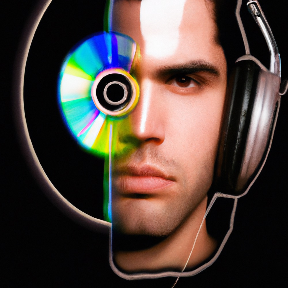 An audiophile wearing headphones looking through a cd